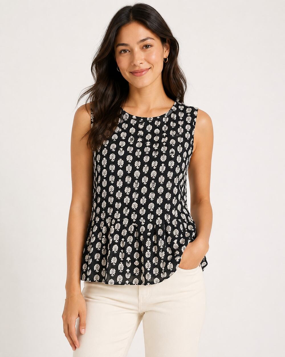 Madewell Black White Floral Sleeveless Peplum Blouse Top Women Size S office